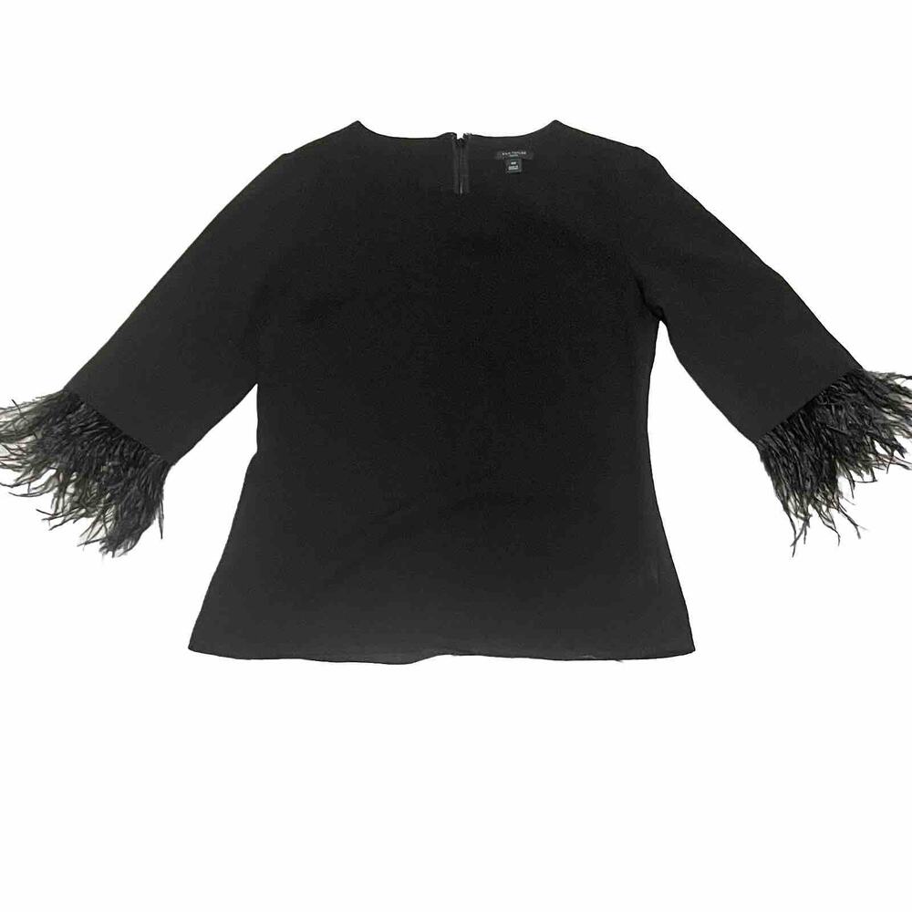 Ann taylor women’s Black blouse Thistle feather black 3/4 sleeve zip SZ 00P